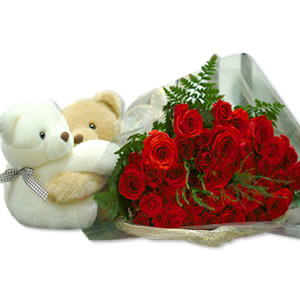 Dozen red Roses and 2 teddies in Brown(6 inches each)