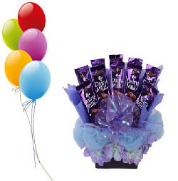 5 Air Balloons with 10 Dairy milk chocolate in a bouquet