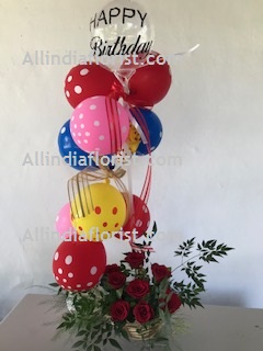 10 Polka dotted Balloons (Not Foil) Air filled with happy birthday print balloon + 8 roses