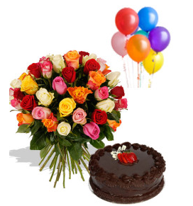 24 Mix roses bouquet with 6 air filled balloons and 1/2 Kg chocolate cake
