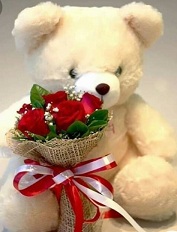 10 red roses in jute with red and white ribbons Bouquet with white Teddy 12 inches