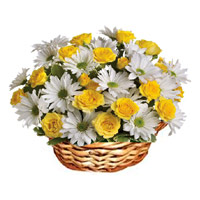 24 Yellow Roses White gerberas basket