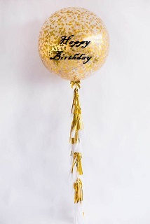 Happy Birthday printed on Transparent Balloon with gold confetti