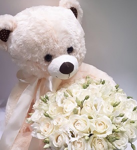 12 inches White Teddy bear with 20 white roses basket