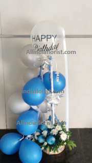 10 Silver Blue Balloons (Not Foil) Air filled 12 Blue flowers with One Transparent Balloon