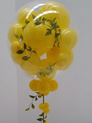 Yellow small balloons inside a clear bobo balloon with yellow balloons and foliage trailing on stick