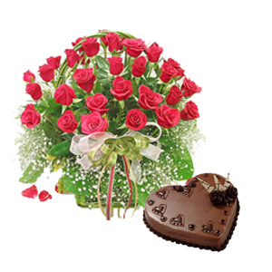 1 kg Chocolate Heart Cake with 50 RED ROSES basket