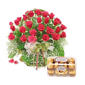 24 Red Roses Basket+ 16 Ferrero Rocher Chocolates