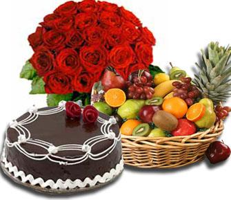 12 red roses+1/2 Kg Cake+ 2 kg Fruits in Basket