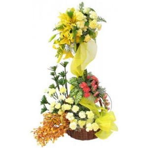 30 Yellow and pink Carnations in double basket