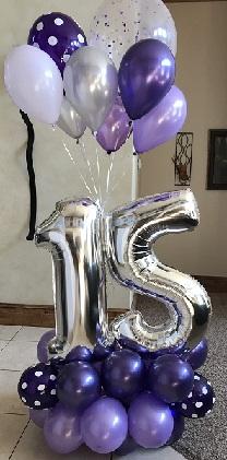 Double Digit Balloons for birthday with 30 Purple balloons at the base and 8 purple white and Silver and 1 Transparent with sticks and roses