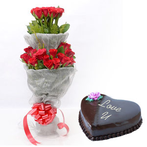 24 Red roses double bouquet with 1 Kg heart chocolate cake
