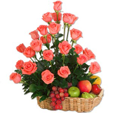 Exotic 12 Pink Roses and 2 kg Fresh Fruits in Basket