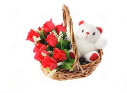 6 Red roses Teddy bear (6 inches) in a basket