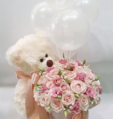 20 Pink and white roses pastel shades Bouquet Teddy 6 inches and 3 pink balloons on sticks