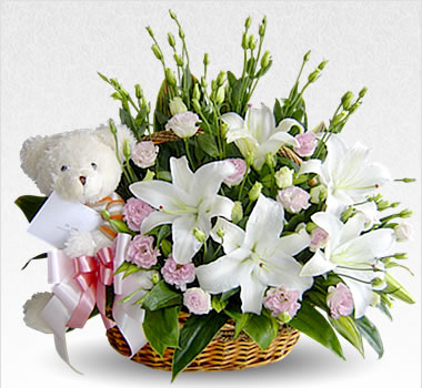 White Teddy and White Lilies and pink roses basket