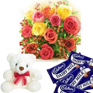 4 Dairy Milk chocolates + Teddy (6 Inch) + 12 Mix Roses bouquet