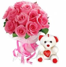 12 pink roses with 6 inches teddy