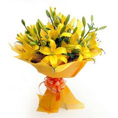 Yellow lilies with yellow paper packing