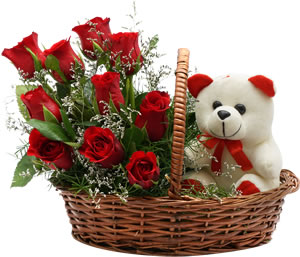 8 Red roses Teddy bear (6 inches) in a basket