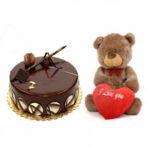 Half Kg chocolate cake with 6 inches Teddy and Valentine Heart