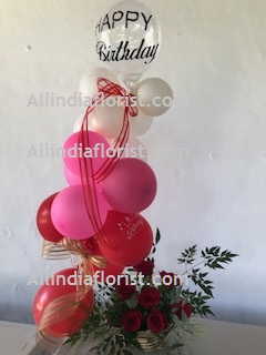 10 White Pink Red Balloons (Not Foil) Air filled with happy birthday printed balloon + 8 roses