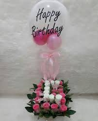 30 Pink White rose in 2 pink balloons inside transparent Balloon Printed with Happy Birthday