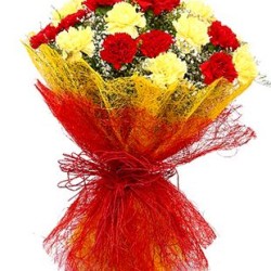 12 Yellow red carnations with Yellow and red paper packing bouquet