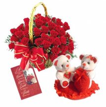 24 Red Roses Basket Card Valentine Heart with 2 Teddies