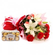 White lilies with red carnations bouquet and 16 Ferrero chocolates