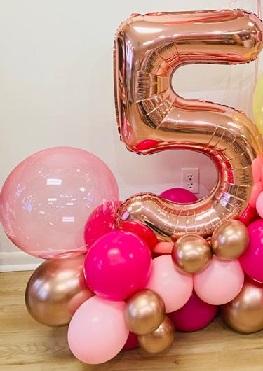 Single digit Number balloon with 20 pink and gold balloons at the base