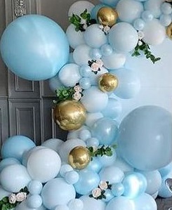 50 White and golden and Blue balloons adorned with leaves and white flowers