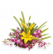 2 Yellow Lilies with 6 Purple orchids Basket