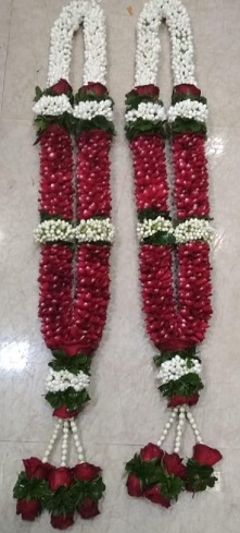 2 Fresh flower Garlands for Bride & Groom with red and white flowers and beads hanging at bottom