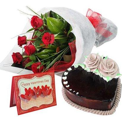 Chocolate Heart Shaped Cake 1 kg Card and 6 Red roses bouquet