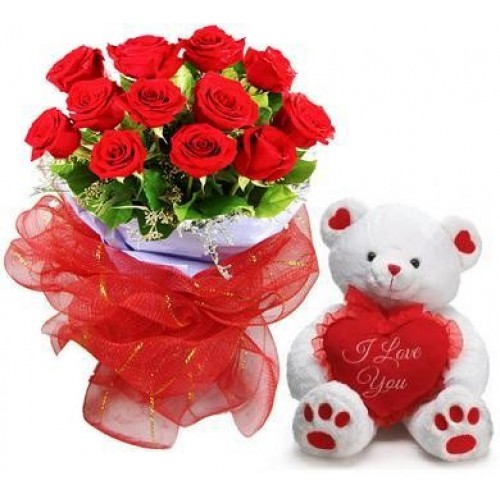 A dozen red roses bouquet with Teddy Bear (6 inches) and Love heart