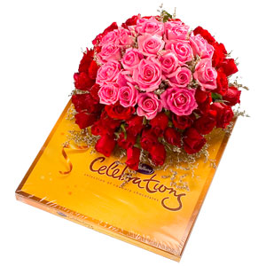 Cadburys Celebration chocolates + 12 pink and red roses