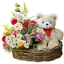 Teddy, 2 dozen Mix Flowers in same basket