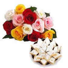1/2 Kg Kaju Katli 12 Mix roses bouquet