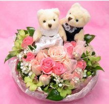 2 Teddies with 12 pink roses in same basket