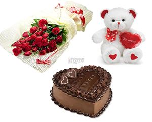 Teddy Heart Chocolate Cake 1 Kg 12 Red Roses