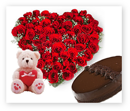 Teddy, 1/2 kg Cake, 24 red roses heart